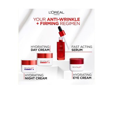 Revitalift Classique : Le soin anti-âge et raffermissant L'Oréal Paris Revitalift Classique sur un fond blanc épuré : Une crème de nuit hydratante, une crème de jour, un sérum à action rapide et une crème contour des yeux hydratante pour une peau d'apparence plus jeune.