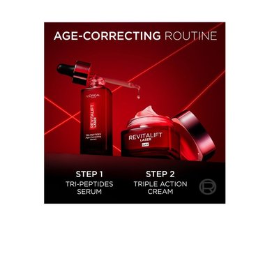 La routine anti-âge L'Oréal Paris Revitalift Laser X3 en deux étapes : Le Sérum Tri-Peptide et la Crème de jour Triple Action, qui corrigent ensemble les rides et améliorent la structure de la peau.